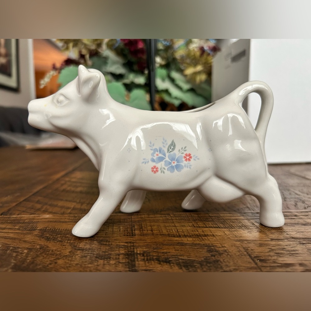 Charming White Ceramic Cow Creamer with Floral Design
